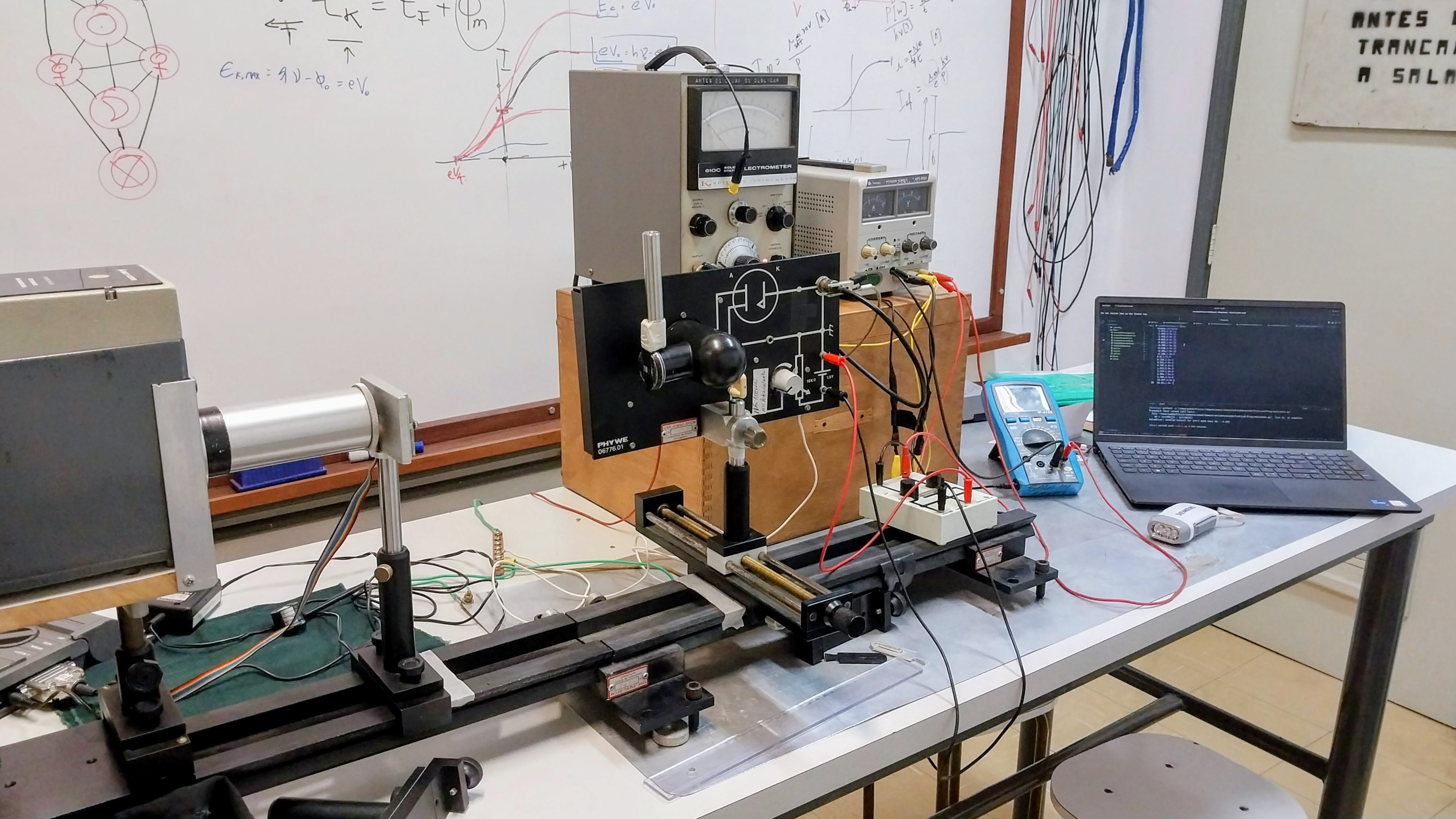 Experimento, com grande amperímetro, fios e computador